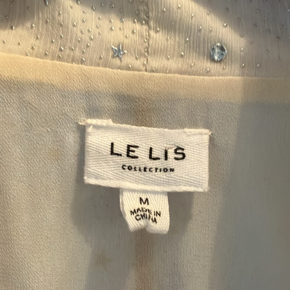 Le Lis M Cream Sheer Faux Wrap Blouse Celestial Stars Moons Galaxy Starry Night - Picture 2 of 5